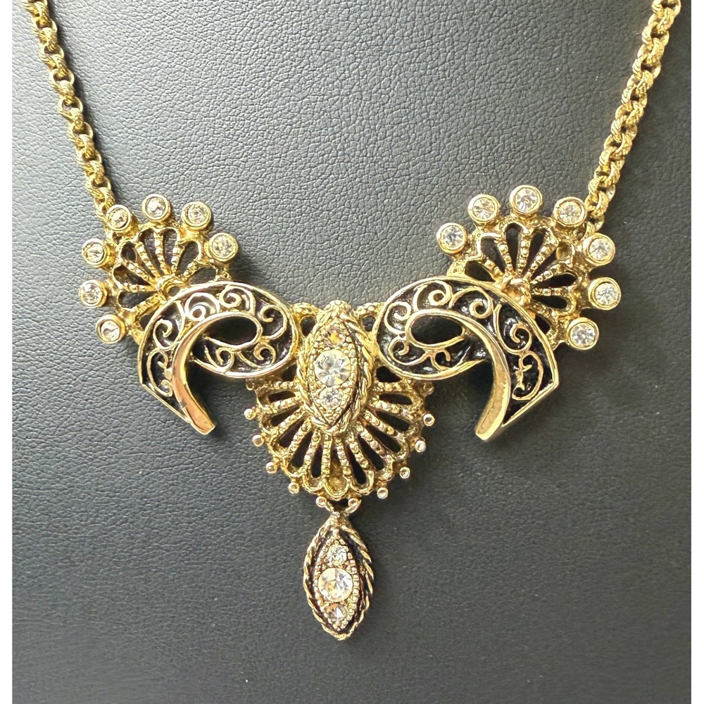 Vintage Victorian Revival Necklace Earrings Clip Ons Gold Tone Rhinestone